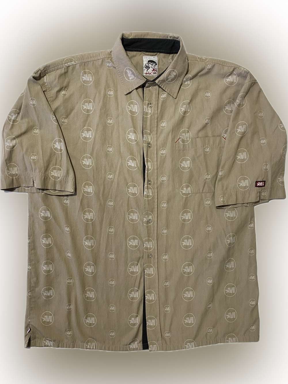 mecca Taupe Short-Sleeve Button-Down Shirt with All-Over Logo Motif